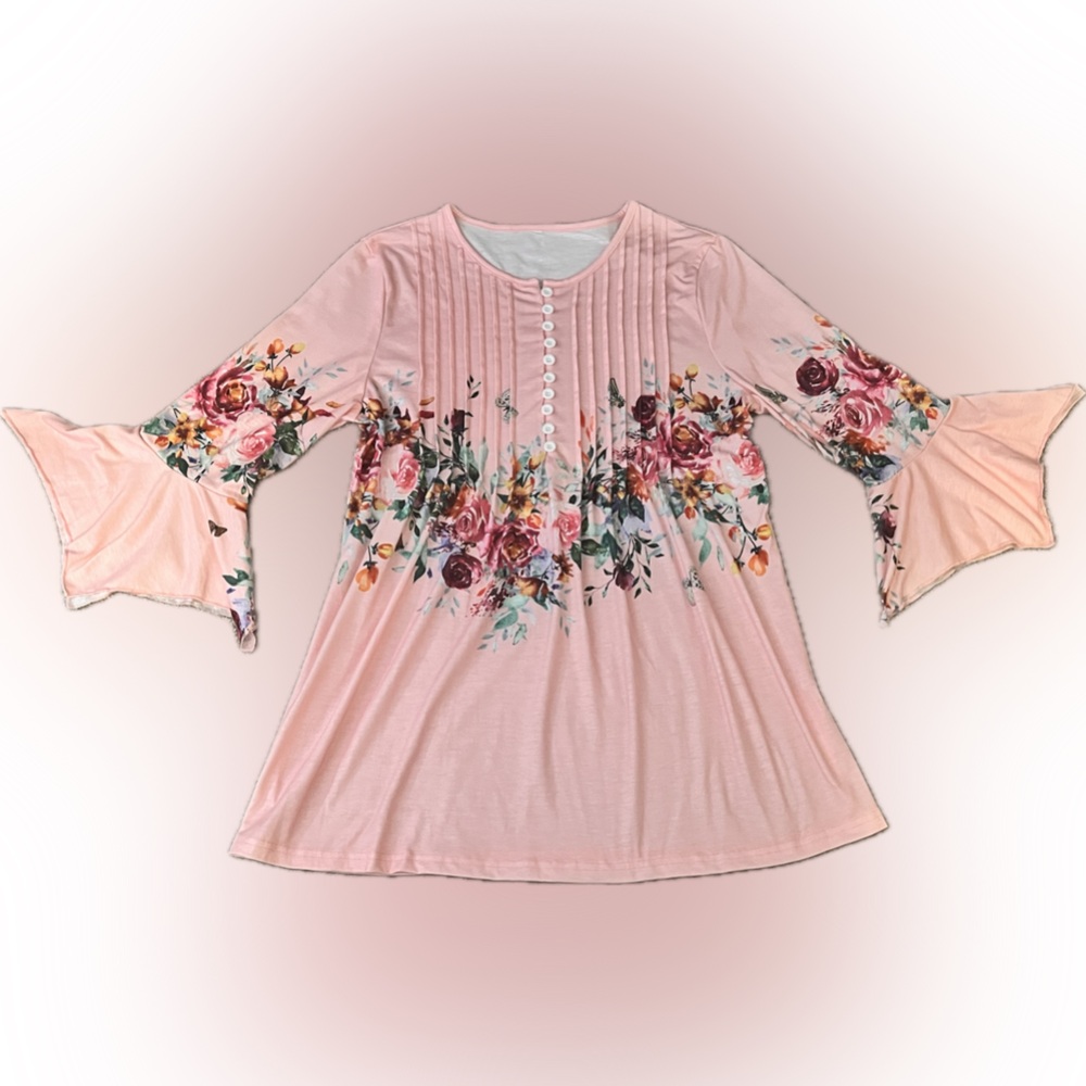 Floral Pink Blouse with Bell Sleeves